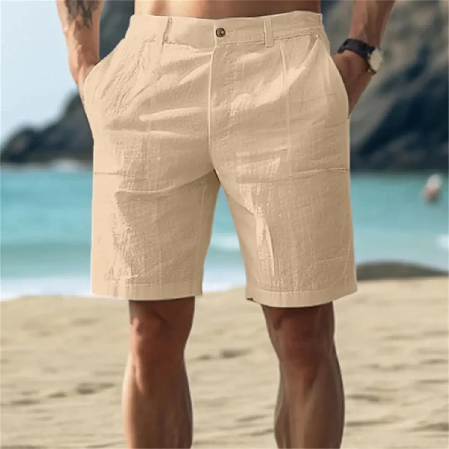 Mens Cotton Linen Shorts Solid Color Lightweight Breathable Summer Casual Lounge Shorts