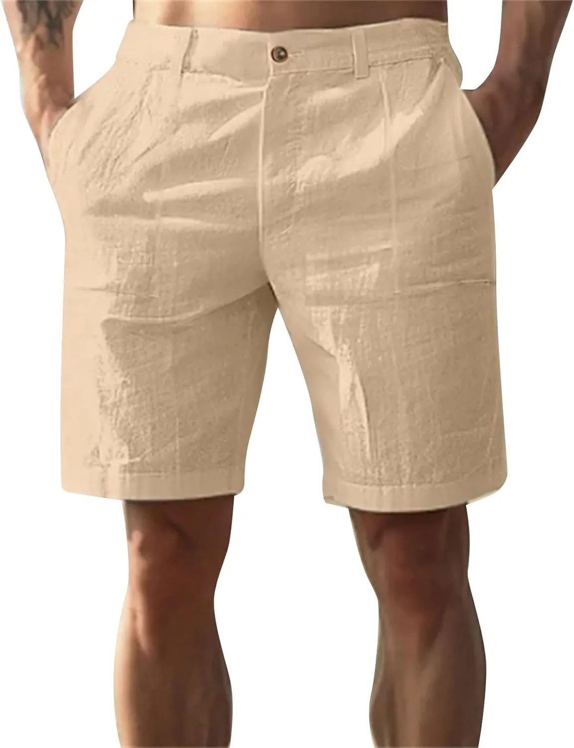 Mens Cotton Linen Shorts Solid Color Lightweight Breathable Summer Casual Lounge Shorts
