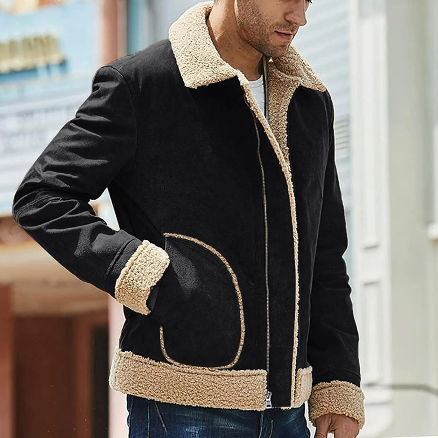 Mens Fleece Lined Jackets Retro Suede Bomber Jacket Zip Long Sleeve Warm Winter Overcoats Sherpa Faux Leather Trucker Jackets