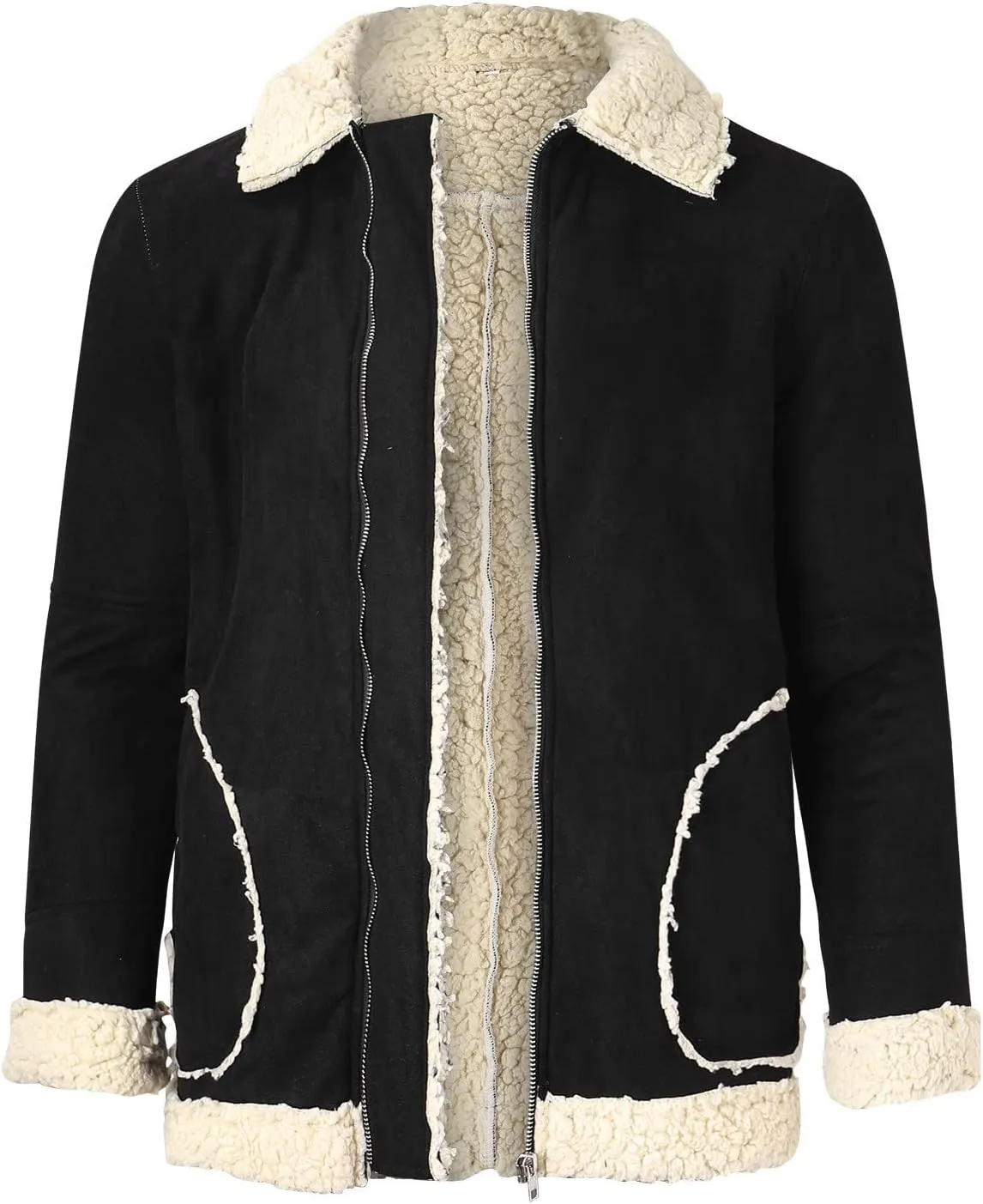 Mens Fleece Lined Jackets Retro Suede Bomber Jacket Zip Long Sleeve Warm Winter Overcoats Sherpa Faux Leather Trucker Jackets
