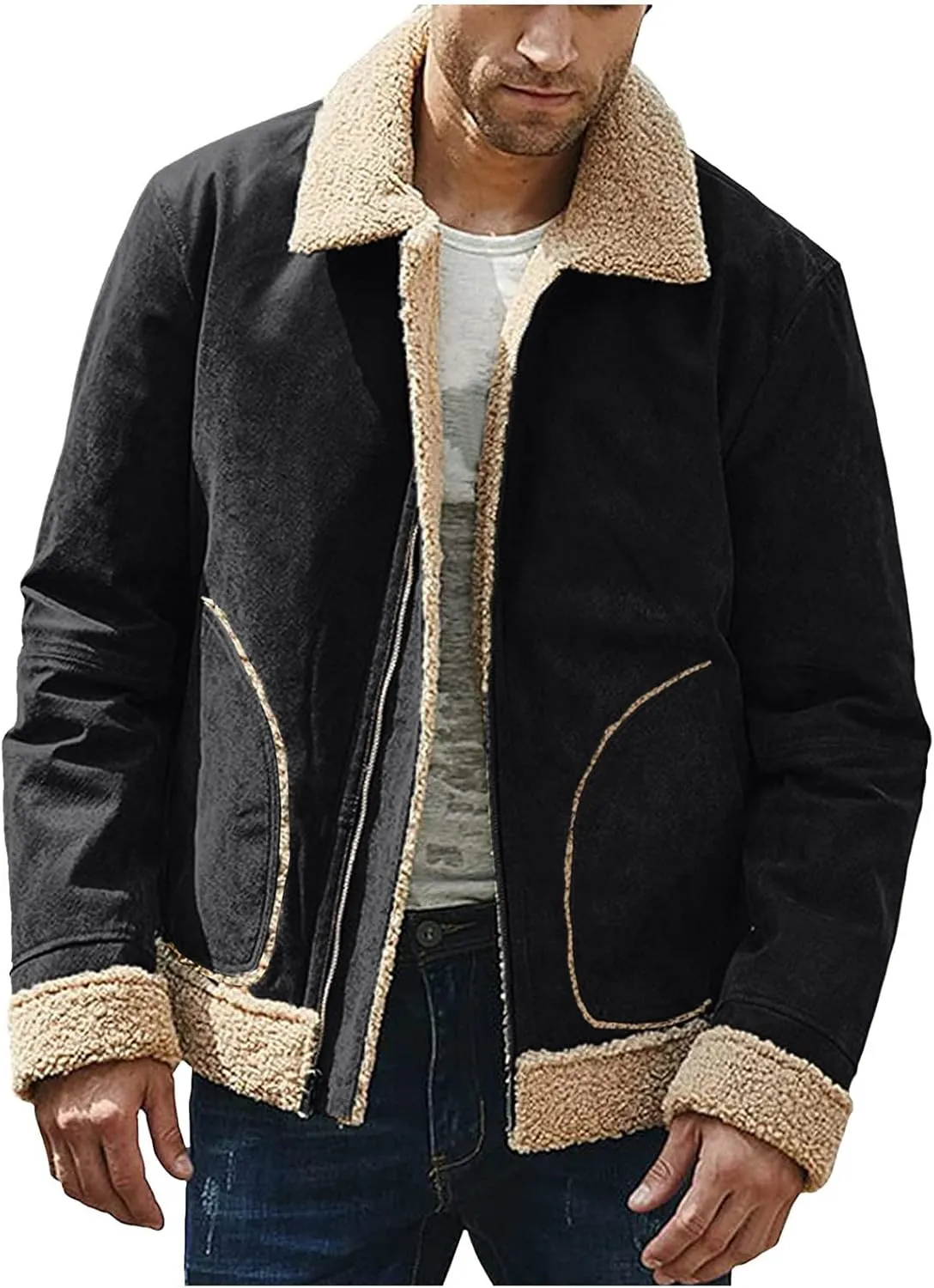 Mens Fleece Lined Jackets Retro Suede Bomber Jacket Zip Long Sleeve Warm Winter Overcoats Sherpa Faux Leather Trucker Jackets