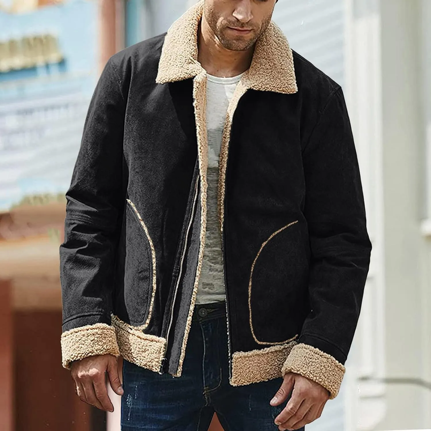Mens Fleece Lined Jackets Retro Suede Bomber Jacket Zip Long Sleeve Warm Winter Overcoats Sherpa Faux Leather Trucker Jackets