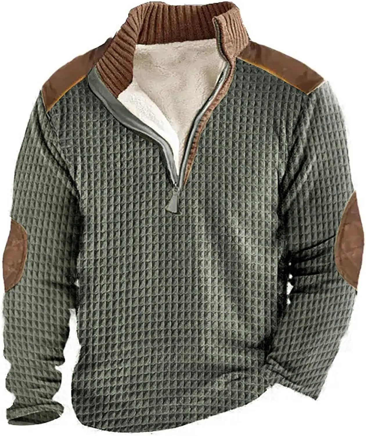 Mens Fleece Lined Waffle Sweatshirt Quarter Zip Knitted Pullover Fuzzy Fleece Sweatshirt for Men Waffle Polo Shirt
