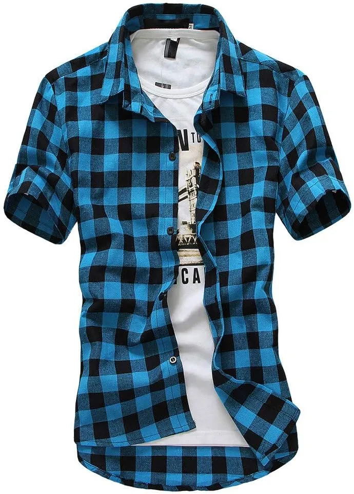 Mens Western Cowboy Short Sleeve Pearl Snap Casual Plaid Work Shirts Casual Summer Button Down Gingham Dress Shirts