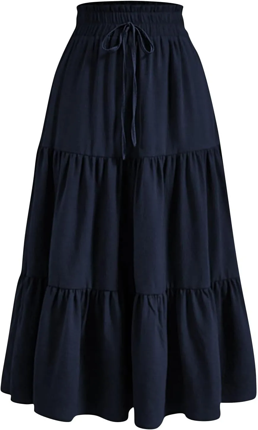 Skirts for Women Trendy Summer Tiered Elastic High Waisted Floral Skirt Vacation A Line Drawstring Flowy Long Skirts