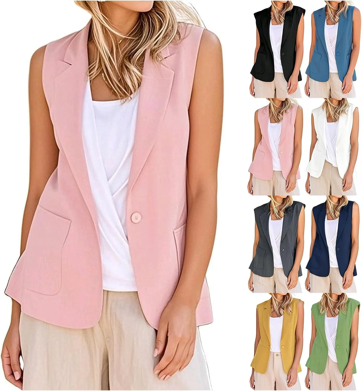 Womens Casual Business Blazer Sleeveless Lightweight Fully-Lined Work Office Vest Summer Waistcoat with Pockets 2025