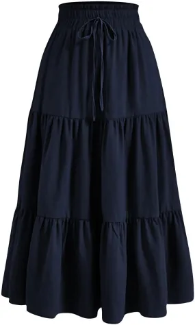 Women's Casual Skirts Summer Boho Flowy Midi Skirt A Line Pleated Long Skirts Tiered Elastic High Waisted Skirt