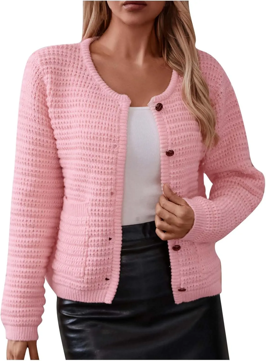 Women's Chunky Knit Open Front Sweater Long Sleeve Button Loose Short Cardigan Outerwear Coats with Pockets