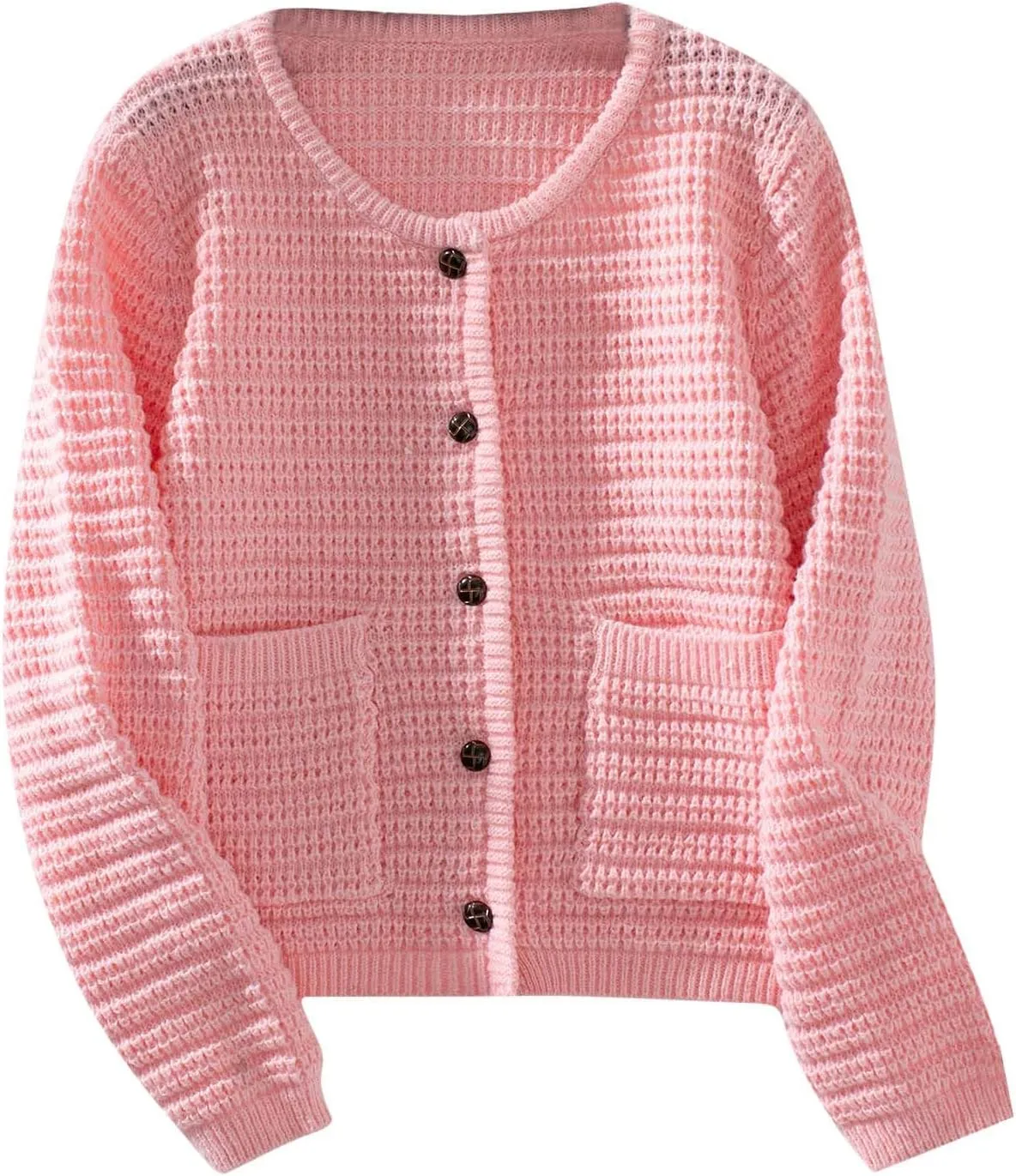 Women's Chunky Knit Open Front Sweater Long Sleeve Button Loose Short Cardigan Outerwear Coats with Pockets