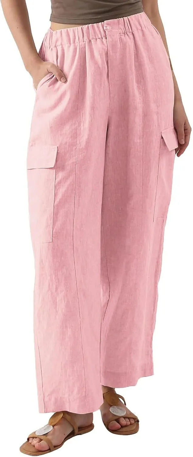 Women's Cotton Linen Trousers High Waist Straight Leg Pants Casual Combat Cargo Pant Stretch Lounge Sweatpants Vintage