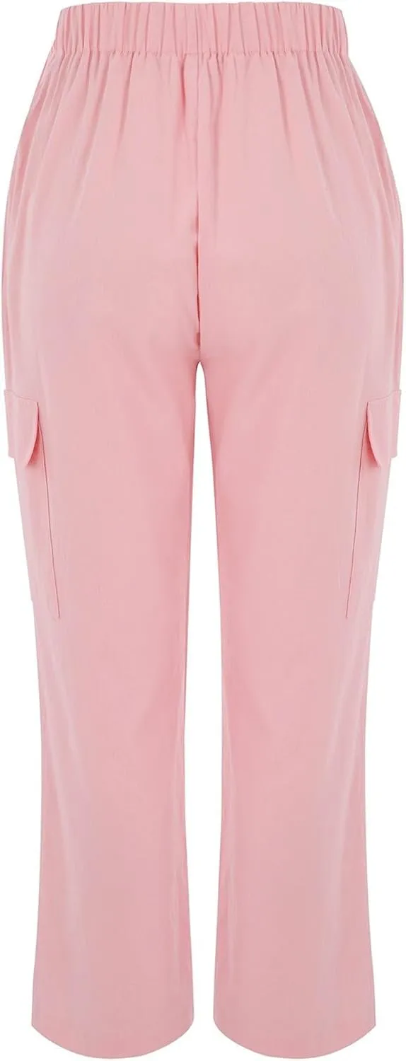 Women's Cotton Linen Trousers High Waist Straight Leg Pants Casual Combat Cargo Pant Stretch Lounge Sweatpants Vintage