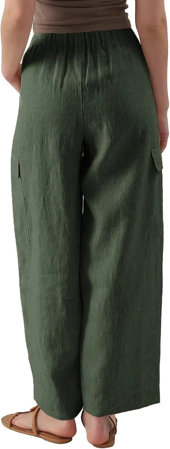 Women's Cotton Linen Trousers High Waist Straight Leg Pants Casual Combat Cargo Pant Stretch Lounge Sweatpants Vintage