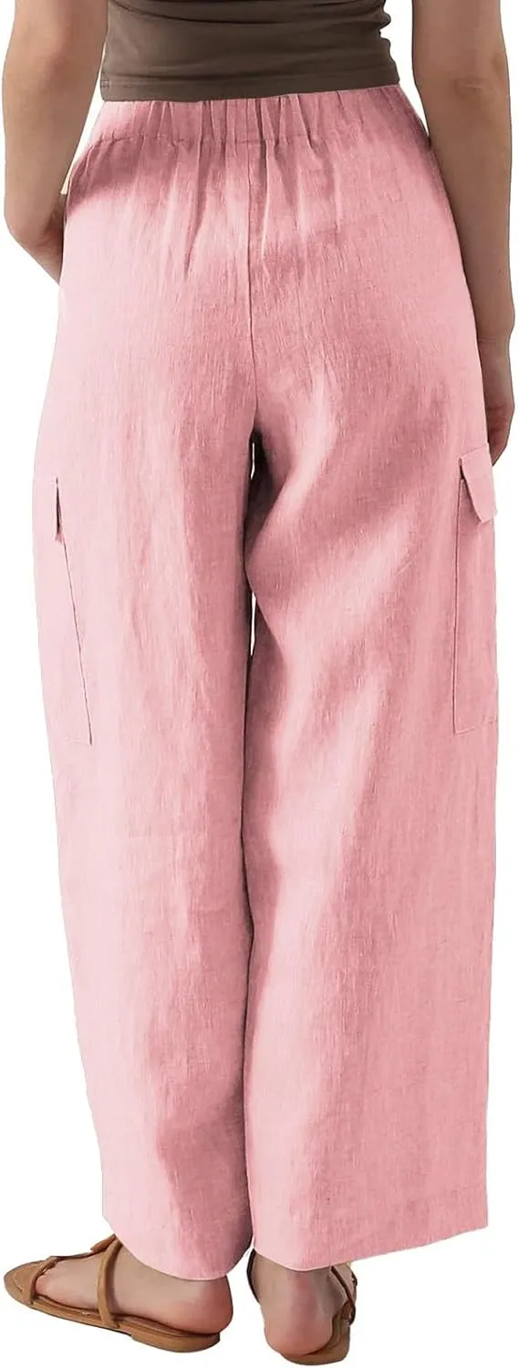 Women's Cotton Linen Trousers High Waist Straight Leg Pants Casual Combat Cargo Pant Stretch Lounge Sweatpants Vintage