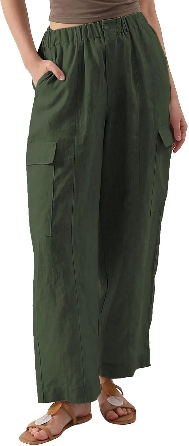 Women's Cotton Linen Trousers High Waist Straight Leg Pants Casual Combat Cargo Pant Stretch Lounge Sweatpants Vintage