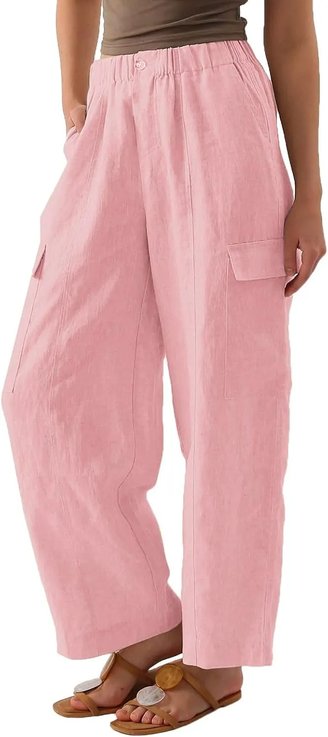 Women's Cotton Linen Trousers High Waist Straight Leg Pants Casual Combat Cargo Pant Stretch Lounge Sweatpants Vintage