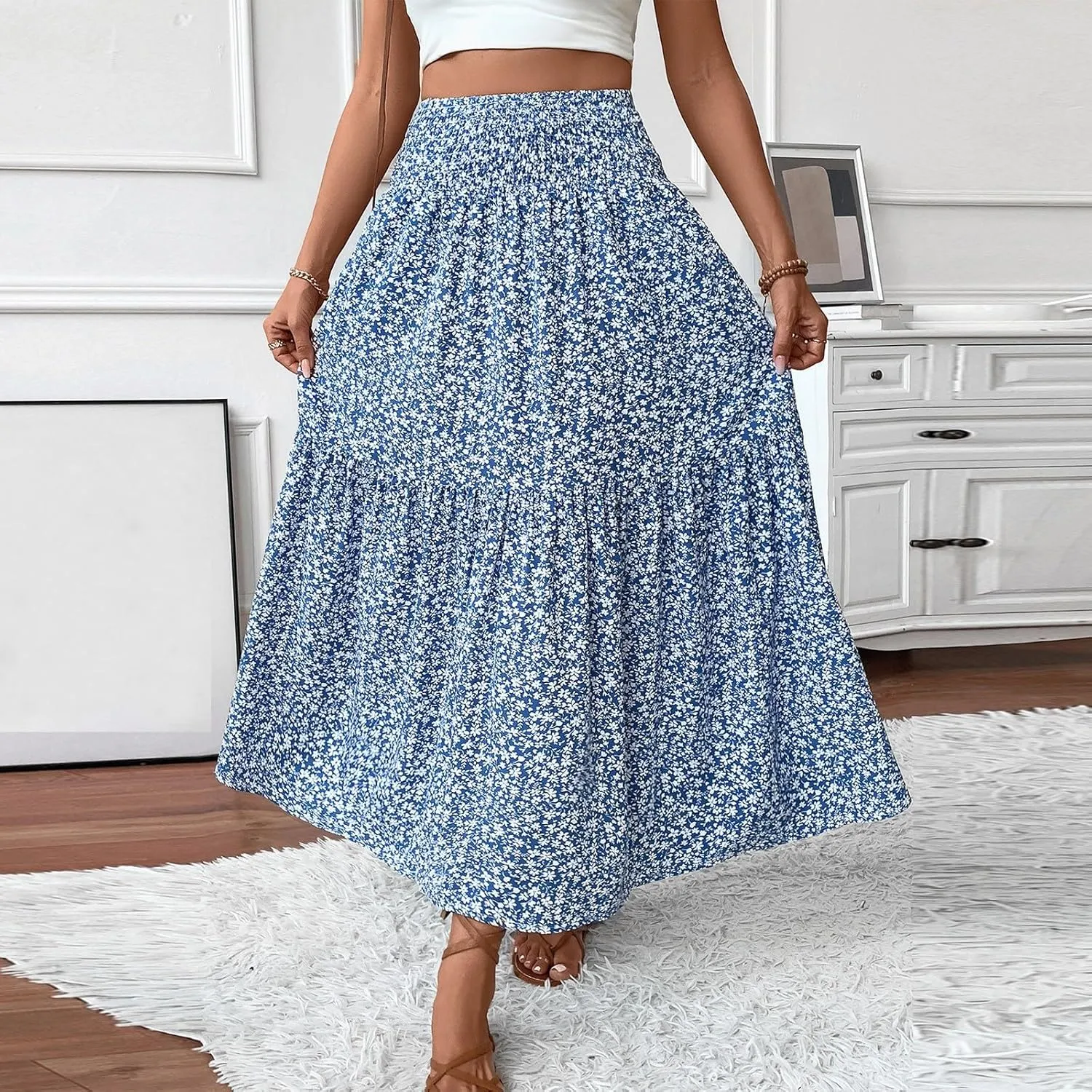 Women's Floral Maxi Skirt Casual Summer Elastic High Waisted Skirts Tiered Flowy Swing A Line Long Skirts with Pockets