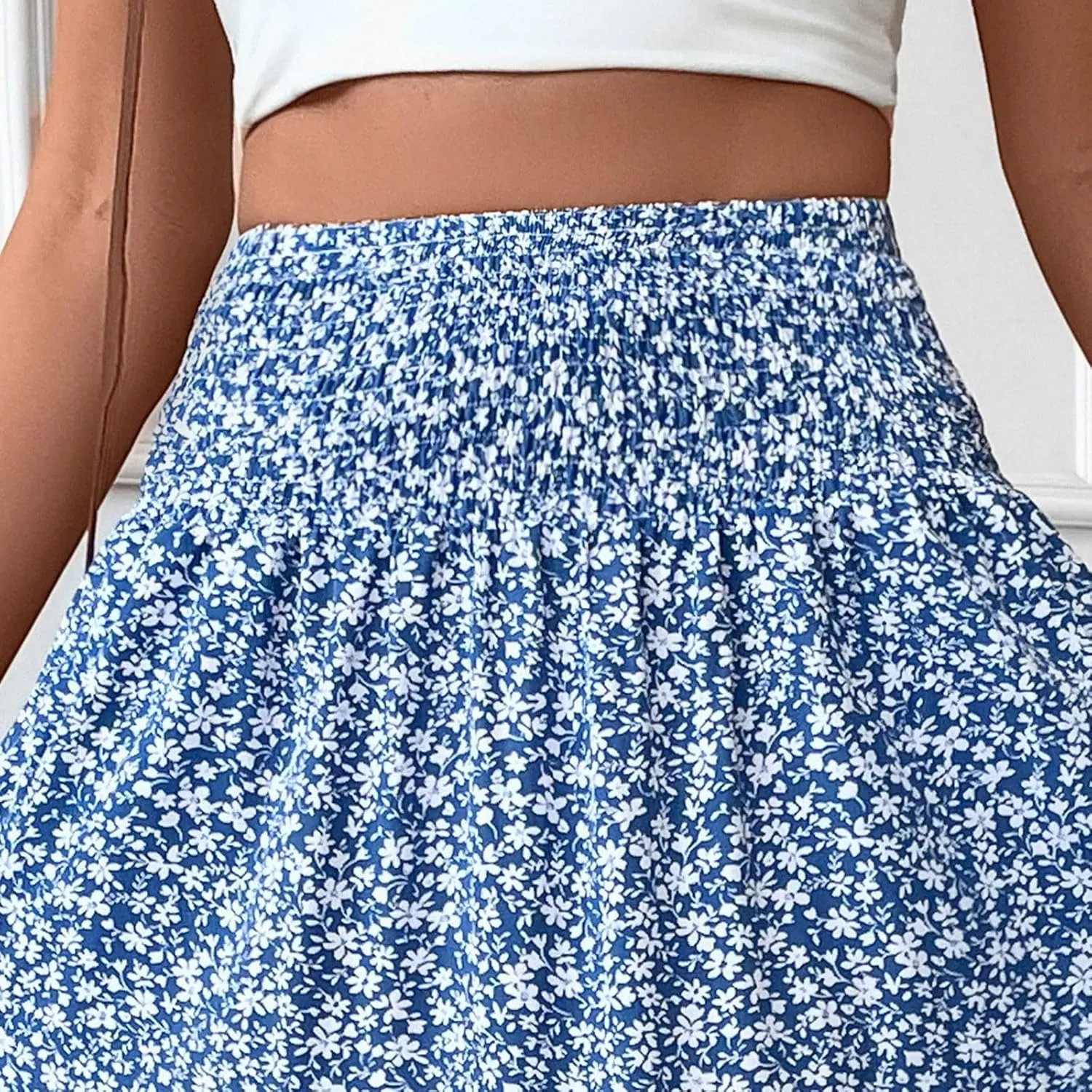 Women's Floral Maxi Skirt Casual Summer Elastic High Waisted Skirts Tiered Flowy Swing A Line Long Skirts with Pockets