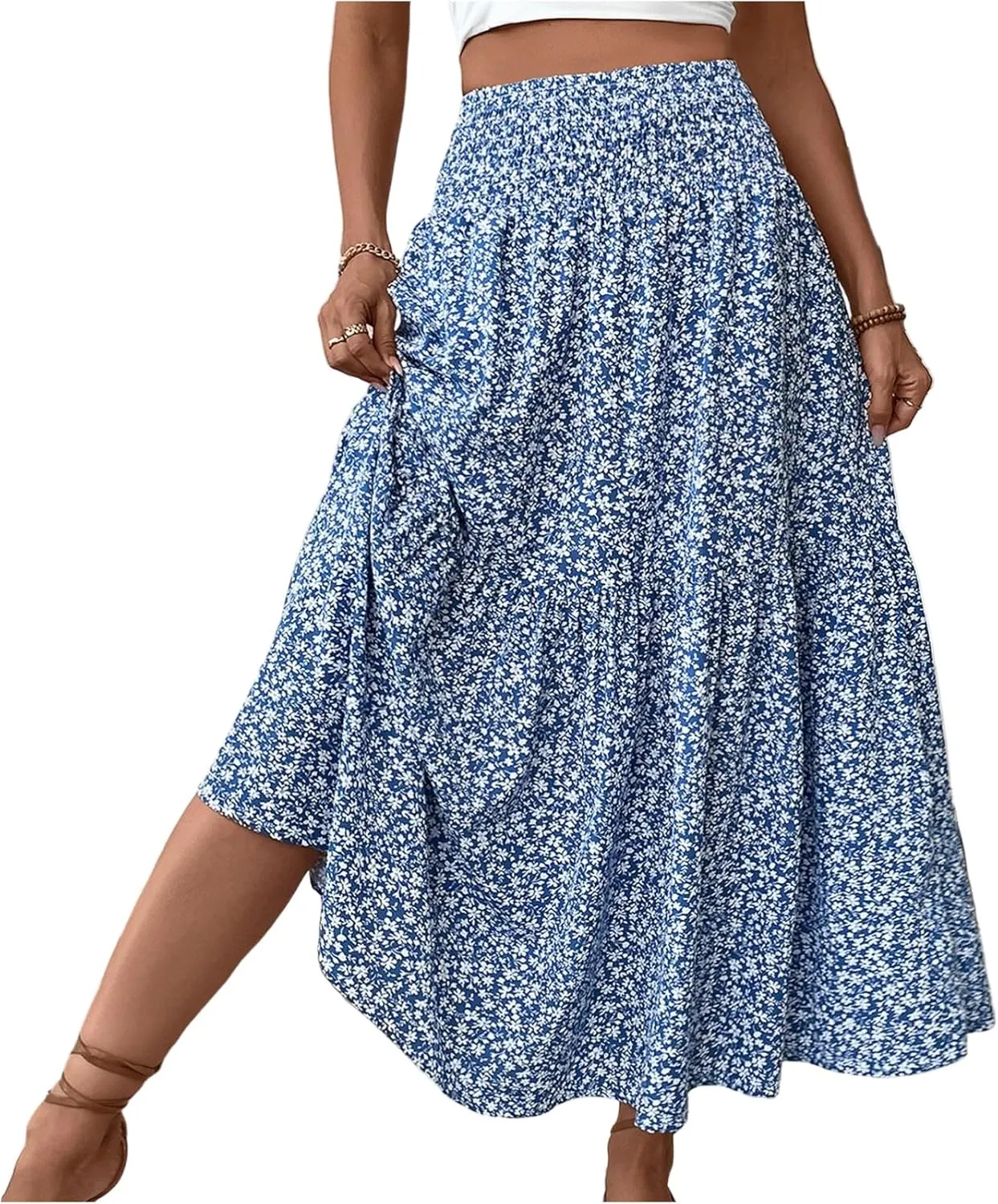 Women's Floral Maxi Skirt Casual Summer Elastic High Waisted Skirts Tiered Flowy Swing A Line Long Skirts with Pockets