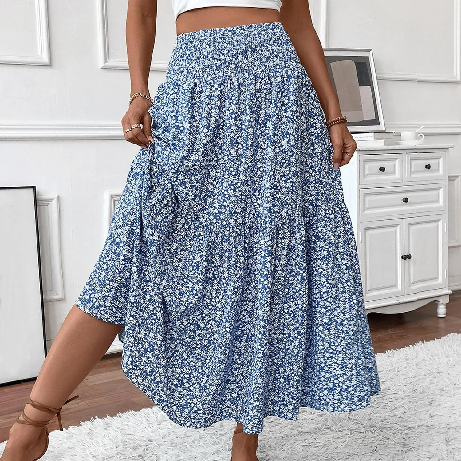 Women's Floral Maxi Skirt Casual Summer Elastic High Waisted Skirts Tiered Flowy Swing A Line Long Skirts with Pockets