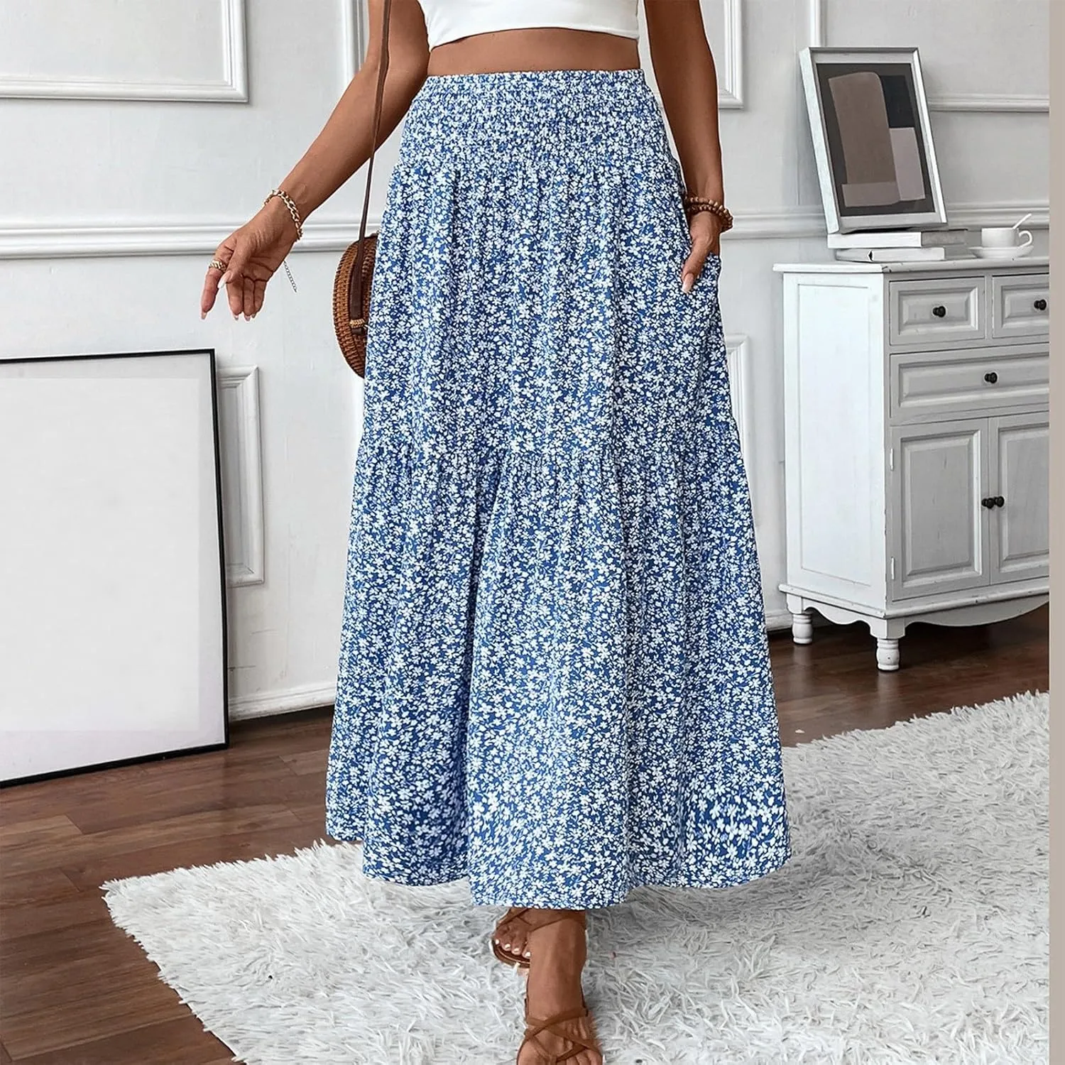 Women's Floral Maxi Skirt Casual Summer Elastic High Waisted Skirts Tiered Flowy Swing A Line Long Skirts with Pockets