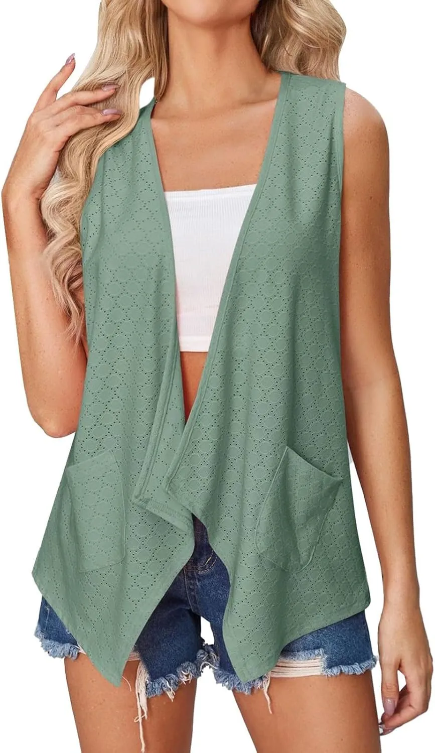 Women's Lightweight Cardigan Open Front V Neck Sleeveless Cardigans Mesh Hollow Out Breathable Tops Flowy Beach Outfits