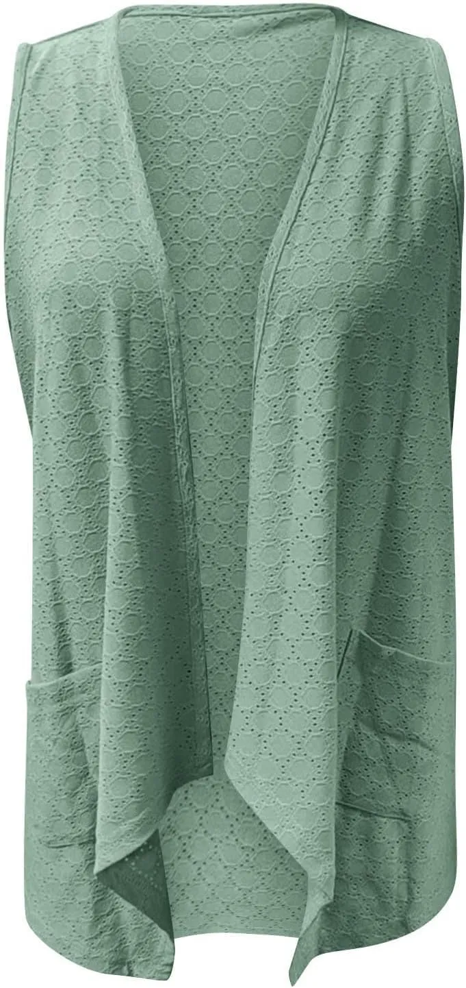 Women's Lightweight Cardigan Open Front V Neck Sleeveless Cardigans Mesh Hollow Out Breathable Tops Flowy Beach Outfits