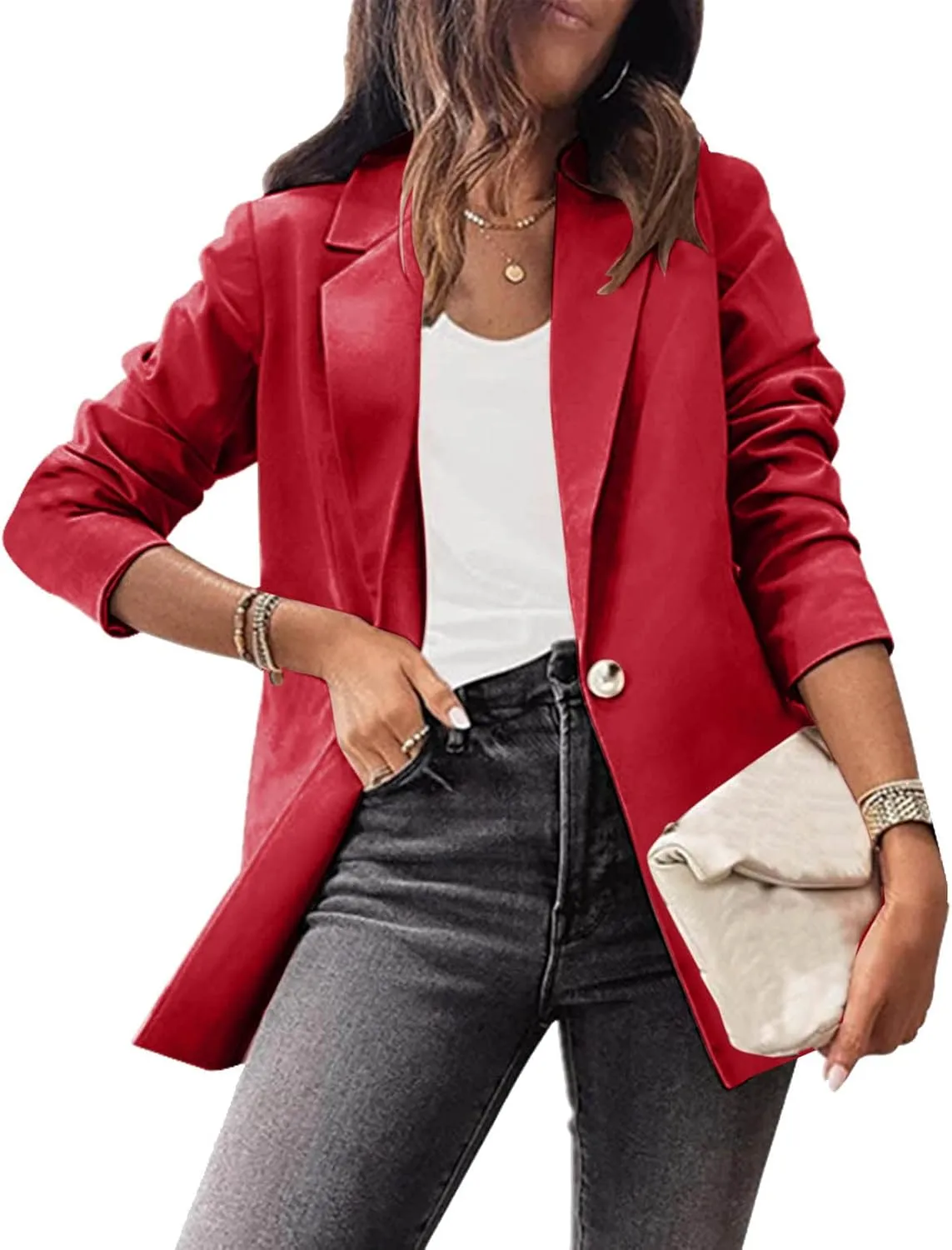 Women's Summer Blazer Button Long Sleeve Lapel Dressy Casual Business Convenient Solid Color Stylish Lightweight