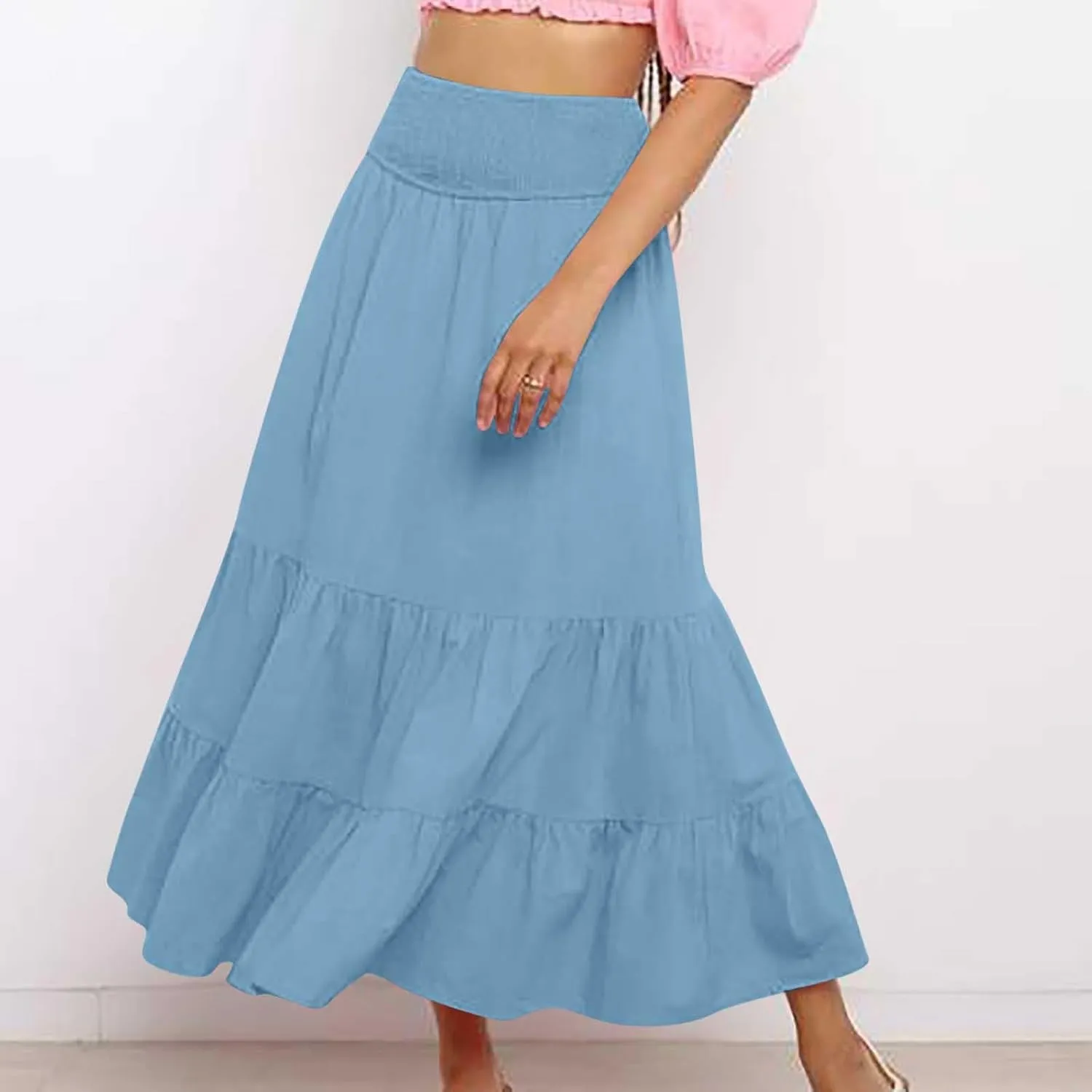 Women’s Summer Boho Skirts Ruffle Flowy Swing Tiered A-Line Maxi Skirt Elastic Waist Cute Beach Dress 2025 Trendy