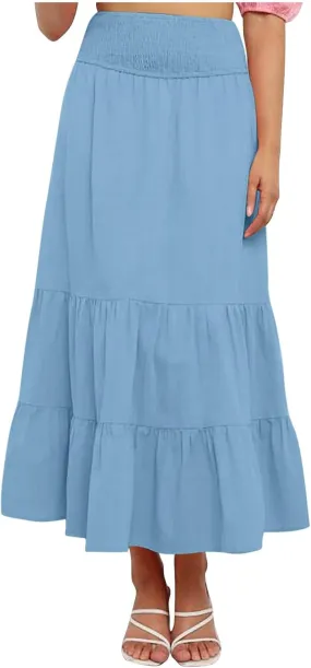Women’s Summer Boho Skirts Ruffle Flowy Swing Tiered A-Line Maxi Skirt Elastic Waist Cute Beach Dress 2025 Trendy