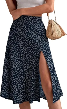 Women's Summer Casual Loose Trendy Elastic High Waist Floral Print Bohemian Split Sun Beach Midi Skirts, S-3XL
