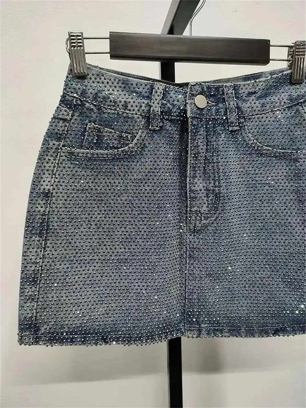 Women's Summer Denim Skirt Diamonds Splice High Waist Slim Wrap Hip Skirt with Breathable Lining