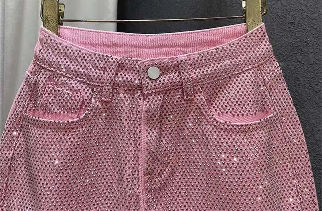 Women's Summer Denim Skirt Diamonds Splice High Waist Slim Wrap Hip Skirt with Breathable Lining