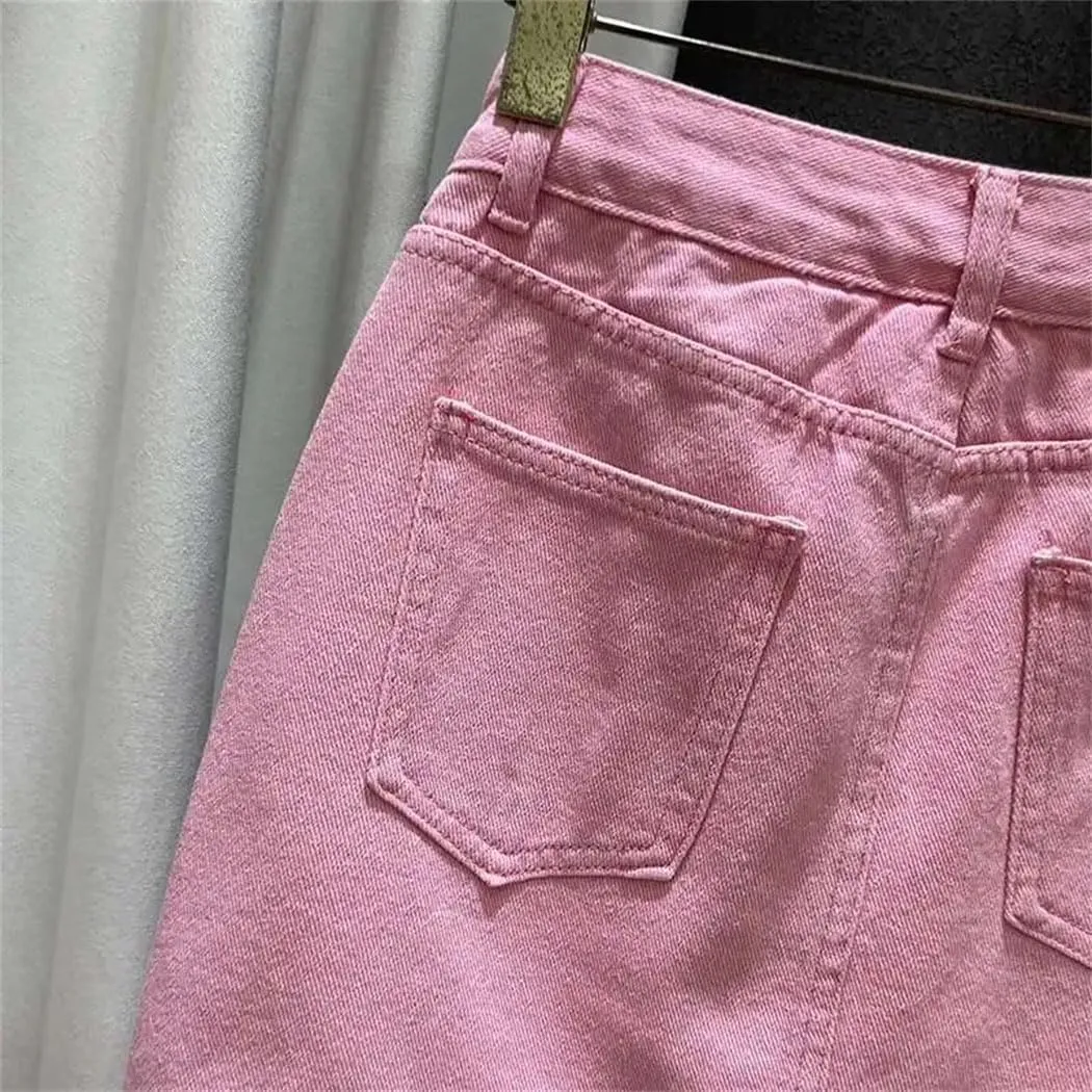 Women's Summer Denim Skirt Diamonds Splice High Waist Slim Wrap Hip Skirt with Breathable Lining